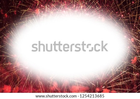 Colorful fireworks with white oval copy space in the middle