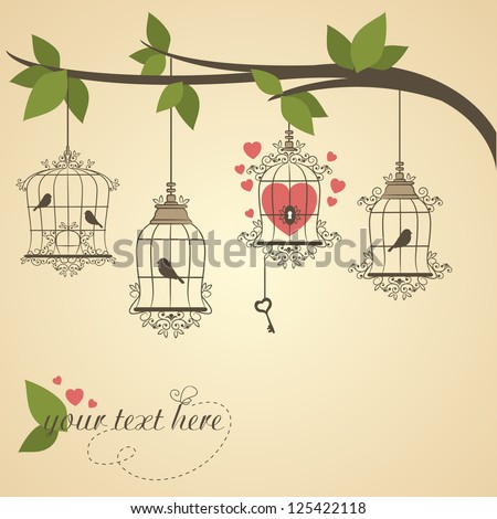 Retro birds in a cage. Vector illustration of Valentines theme