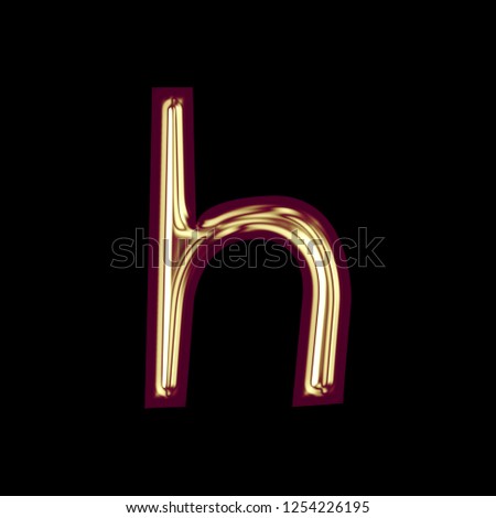 Colorful pink gold letter H (lowercase) in a 3D illustration with a shiny golden red style with glossy highlights in a hand drawn font on a black background with clipping path