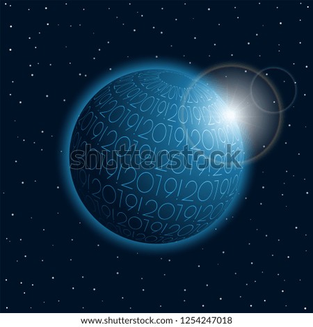 Blue 3D glowing planet icon with the inscription 2019. Vector illustration.