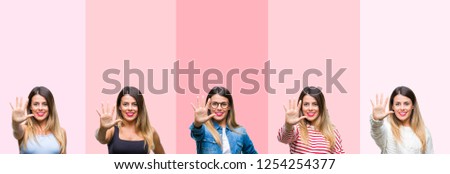 Collage of young beautiful woman over pink stripes isolated background showing and pointing up with fingers number five while smiling confident and happy.