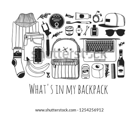 Hand drawn Fashion Illustration What is in my bag. Vector picture casual objects. Artistic doddle drawing. Creative ink art work background
