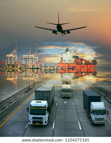 the logistics system services are all include seafreight saling with land trucking trailer and air swift delivery shipments always in time, one stop services for all kinds of transports cargo services Royalty-Free Stock Photo #1254271165