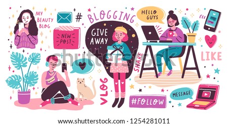 Blogging and vlogging set. Cute funny girls or bloggers creating content and posting it on social media, blog or vlog. Bundle of design elements isolated on white background. Flat vector illustration. Royalty-Free Stock Photo #1254281011