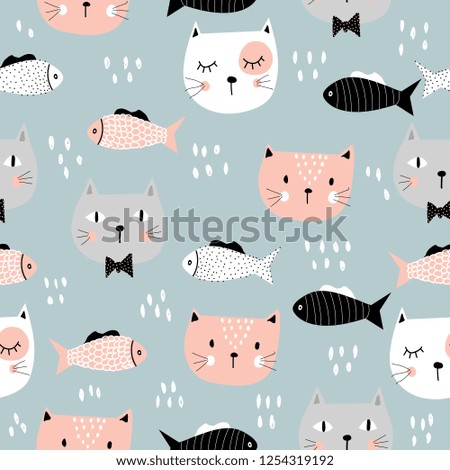 Seamless pattern with funny kittens and fish. Children's illustration. For printing on children's clothes. Hand-drawn.