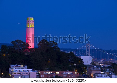 Coit tower lit up red and gold for the 49ers trip to the super bowl