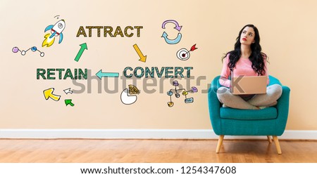 Attract convert retain concept with young woman using a laptop computer 