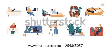 Collection of people surfing internet on their laptop and tablet computers. Set of men and women spending time online isolated on white background. Colorful vector illustration in flat cartoon style. Royalty-Free Stock Photo #1254355057