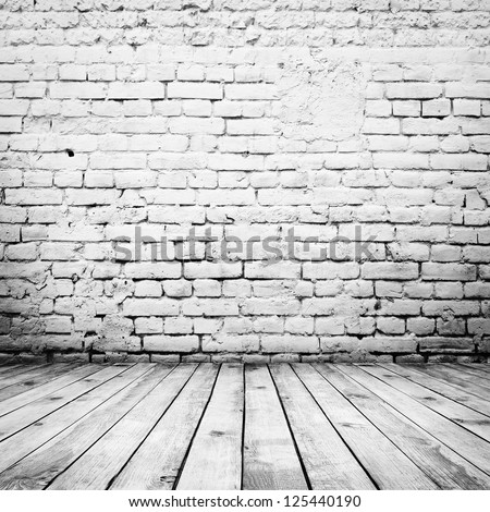 room interior vintage with white brick wall and wood floor background
