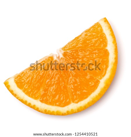 Orange fruit slice  isolated on white background closeup. Food background. Flat lay, top view. Royalty-Free Stock Photo #1254410521