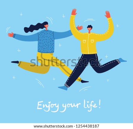 Concept of group of young people jumping on blue background. Stylish modern vector illustration with happy male and female teenagers  and hand drawing quote Enjoy your life