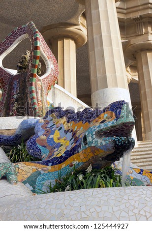 Park Guell tiles mosaic lizard, salamander designed by Antonio Gaudi Barcelona
