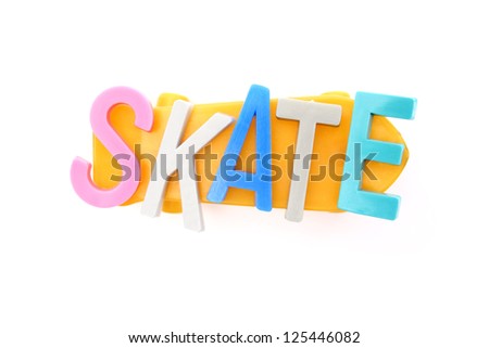 Skate word on a skate board on white background.