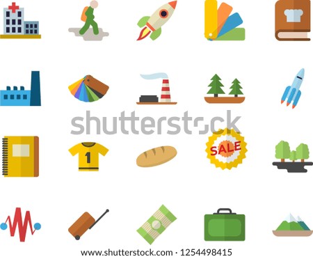 Color flat icon set color scheme flat vector, cookbook, spaghetti, bread, factory, forest, manufactory, sell out, hospital, rocket, notebook, electric discharge fector, sport T shirt, hike, luggage
