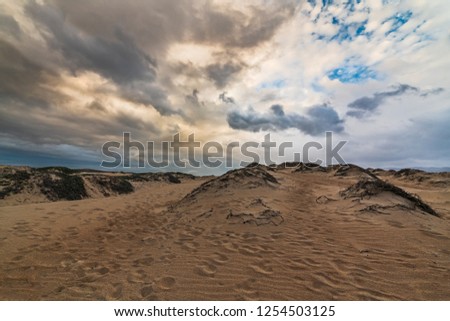 Sand Dunes and dramatic sky, sunset in Guadalupe Dunes National Wildlife Reserve, California
