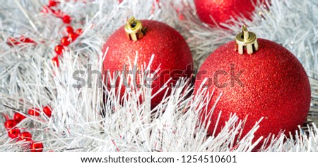 Christmas decor from Christmas tree and Christmas tree balls with copy space long banner