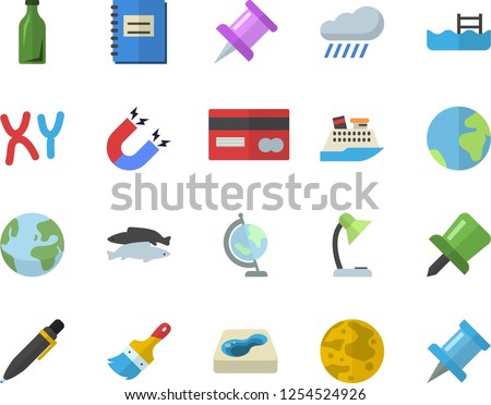 Color flat icon set paint brush flat vector, fish, rain, pool, glass bottles, credit card, chromosomes, notebook, drawing pin, reading lamp, pen, moon, globe, magnet, earth fector, cruise ship