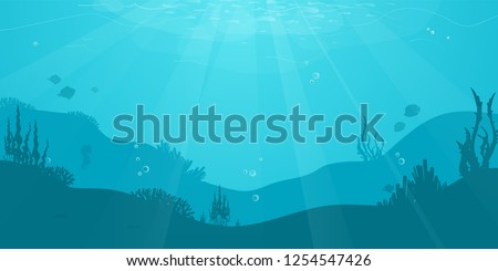 Underwater cartoon flat background with fish silhouette, seaweed, coral. Ocean sea life, cute design. Vector illustration