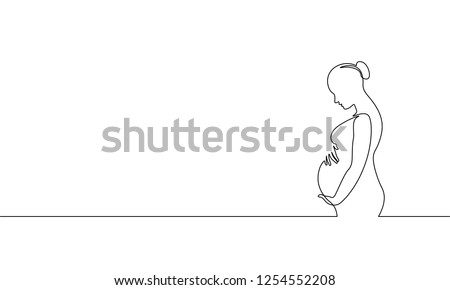 Pregnant woman single continuous line art. Medicine health care pregnancy healthy silhouette holding belly headline concept design one sketch outline drawing white vector illustration Royalty-Free Stock Photo #1254552208