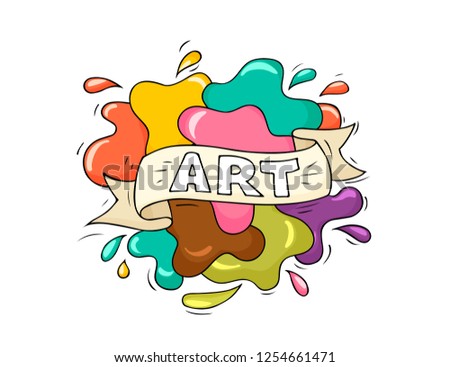 Sketch illustration with splashes. Doodle cute template about art with text. Hand drawn cartoon vector school design.