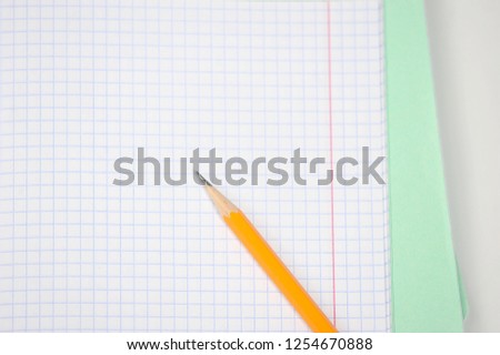 Notebook in a cage. The tetrad sheet occupies the entire space of the frame. On a notebook sheet is a pencil. View from above. Close-up.