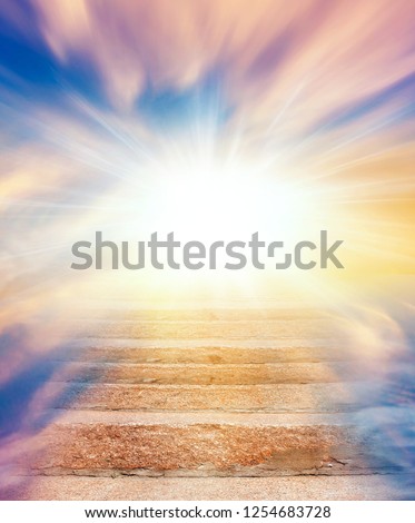  Steps leading up to the sun.  Way to God .  bright light from heaven .  Religious background  . Beautiful sky . Sunrise . Light from sky . solar explosion .  Royalty-Free Stock Photo #1254683728