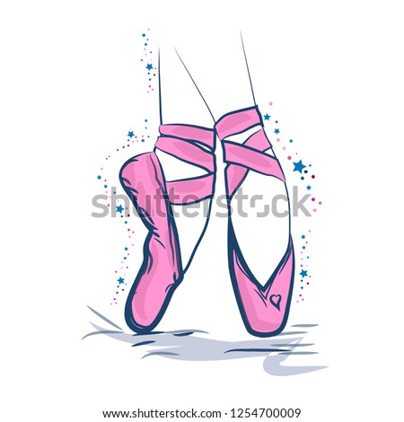 The magic and charm of the ballet. Hand drawn ballet dancer legs in pointe shoe. Sketch. Vector illustration.