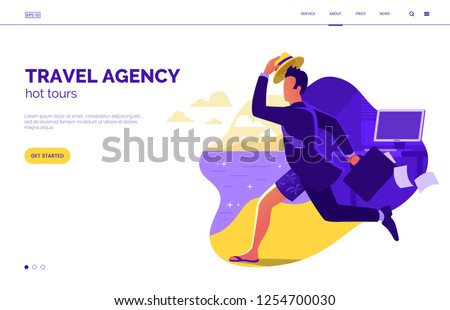 Travel agency home page design concept. Man in suit running from office to the beach vector illustration. Summer vacation web banner. Tourism to tropical countries. Special offer on travel. Eps 10