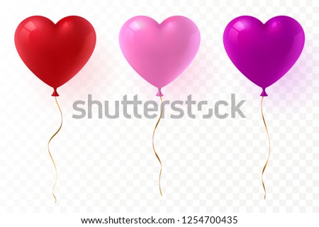 Vector heart shaped balloons set isolated on transparent background. Red, pink and purple glossy balloon with gold ribbon. Festive decoration element for Valentine's Day or Wedding. Eps 10.