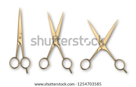 Vector 3d Realistic Gold Metal Closed and Opened Stationery Scissors Icon Set Closeup Isolated on White Background. Design Template of Classic Scissors for Graphics, Mockup. Top View