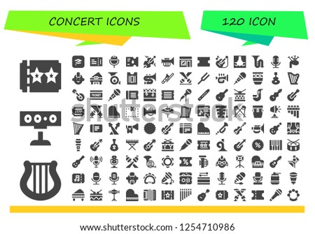 Vector icons pack of 120 filled concert icons. Simple modern icons about  - Ticket, Harp, Spotlight, Itunes, Microphone, Cello, Trumpet, Music store, Coupon, Guitar, Stage, Trombone