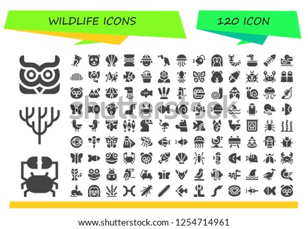 Vector icons pack of 120 filled wildlife icons. Simple modern icons about  - Owl, Crab, Coral, Parrot, Panda bear, Seashell, Fishing line, Hunter, Vulture, Jellyfish, Anglerfish