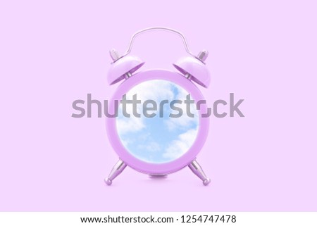 Pink clock with blue sky on pastel pink background. Happy time, time to dream. Minimal creative concept.