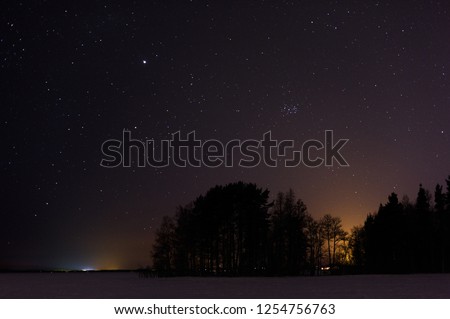 Winter lake view under the starry sky.