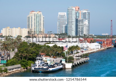 The ferryboat ready to depart, the transportation between Miami and Fisher island (Florida).