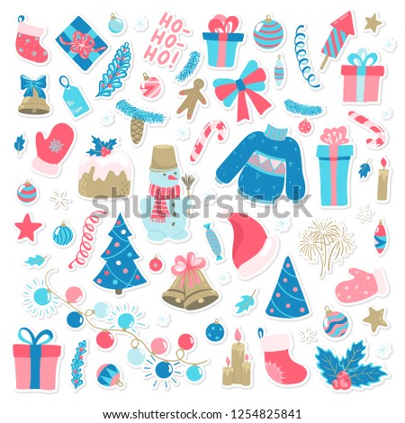 Happy New Year and Merry Christmas doodle set. Collection of xmas elements for design holiday greeting cards and invitations of the Merry Christmas and Happy New Year, seasonal winter holidays. Royalty-Free Stock Photo #1254825841