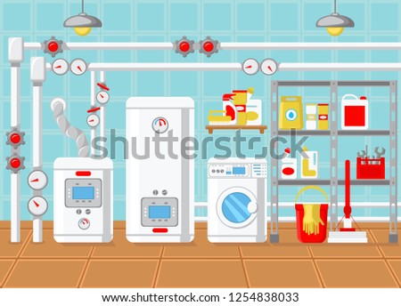 Plumbing in House. Water Supply Concept. Modern Technology in Plumbing. Battery and Heating at Home. Batteries and Heat Supply. Heating Layout. Boiler Room. Vector Flat Illustration.