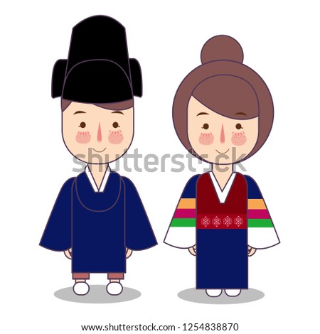 King and Queen ceremonial traditional national clothes of Korea. Set of cartoon characters in traditional costume. Cute people. Vector flat illustrations.