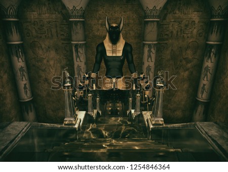 A scene with a ladder which leads to a huge statue of the Egyptian God Anubis. 3D Illustration.
