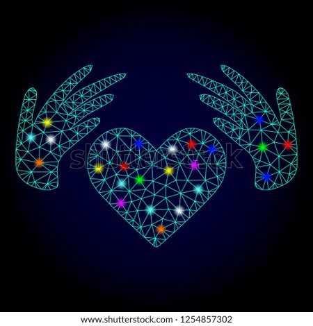 Glossy polygonal mesh handmade love icon with glow effect on a dark background. Carcass handmade love iconic vector with glitter multi colored dots for New Year purposes.