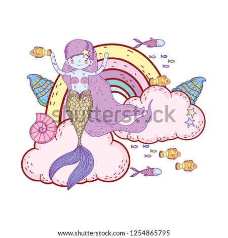 cute mermaid with clouds and rainbow