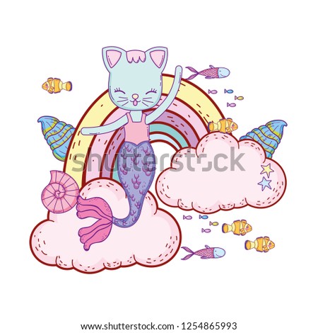 purrmaid with clouds and rainbow undersea