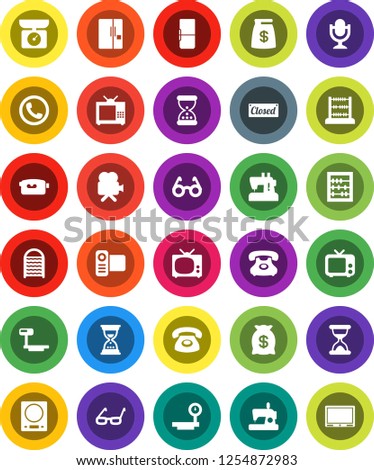 White Solid Icon Set- washboard vector, glasses, abacus, sand clock, phone, big scales, tv, video camera, microphone, fridge, money bag, closed, kitchen, sewing machine