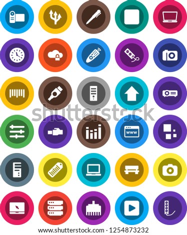 White Solid Icon Set- pen vector, notebook pc, arrow up, clock, barcode, camera, equalizer, remote control, play button, stop, hdmi, cloud lock, big data, browser, lan connector, bench, loading