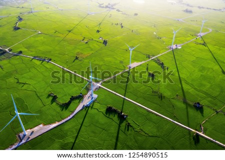 Aerial view of the rice field with a wind turbines on a sunny day, Tan Hai, Phan Rang, Ninh Thuan, Vietnam