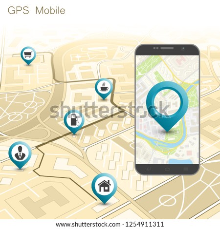 City map route navigation smartphone, phone point marker, vector drawing schema, isometric city plan GPS navigation tablet, itinerary destination arrow paper city map. Route isometric check point