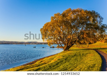Fabulous summer sunset at Lake Taupo. The beach is painted in a sunset orange color.  The concept of active and phototourism