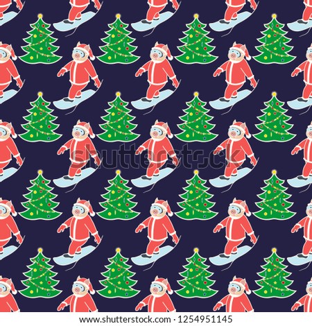 seamless background with the symbol of the new year 2019. Pig is engaged in winter sports. Snowboarder in a suit of Santa and Christmas tree. On a dark background. Vector illustration