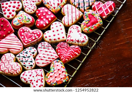 Heart shaped cookies icing for Valentine's day delicious homemade natural pastry, baking with love for Valentine's day, love concept