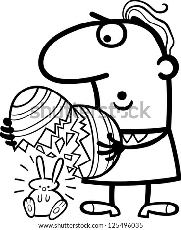 Black and White Cartoon Vector Illustration of Surprised Man with Easter Bunny Hatched from Colored Egg